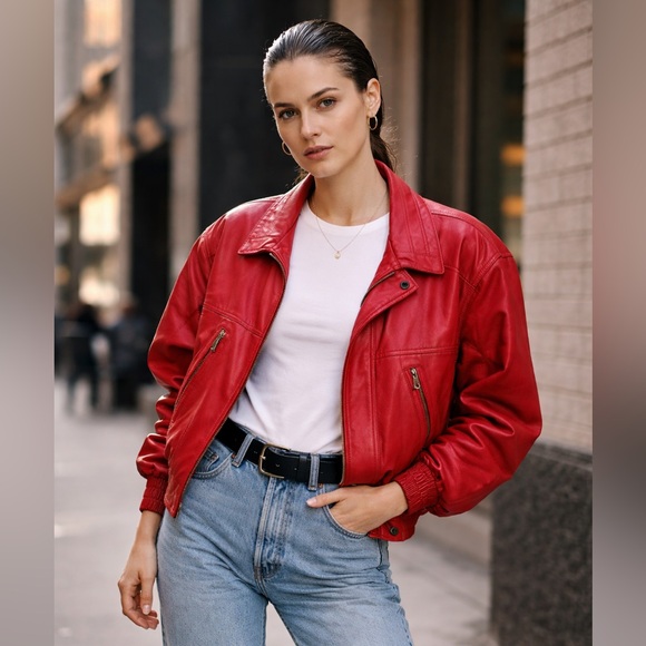 Vintage 90s Red Leather Bomber Jacket STRIWA Croatia SALMI Zip Oversized 40 - Picture 1 of 13